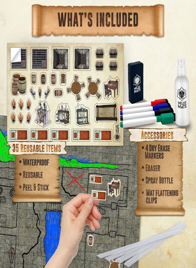 Melee Mats مجموعة خرائط بداية لعبة Dungeons and Dragons (D&D) - 24 بوصة × 36 بوصة، 3 قطع، وجهان، قابلة للمسح الجاف والرطب - مجموعة ألعاب لوحية مع ملحقات - Image 3
